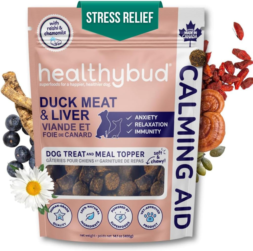 Calming Aid, Natural Duck Dog Treats & Toppers for Stress Relief - Dog Separation Anxiety, Stress Reduction, Aggression Relief - Support Calm, Immunity Health (4.6 Ounces)