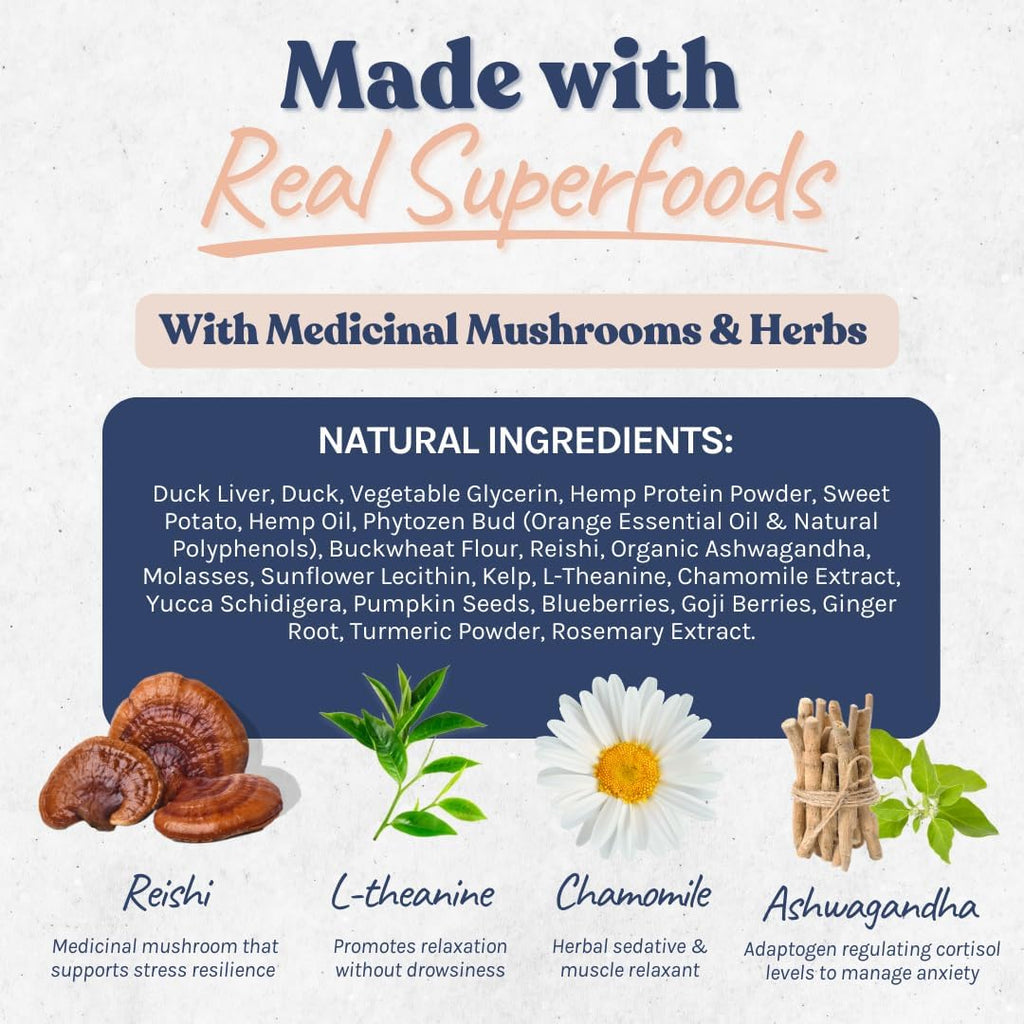 Calming Aid, Natural Duck Dog Treats & Toppers for Stress Relief - Dog Separation Anxiety, Stress Reduction, Aggression Relief - Support Calm, Immunity Health (4.6 Ounces)