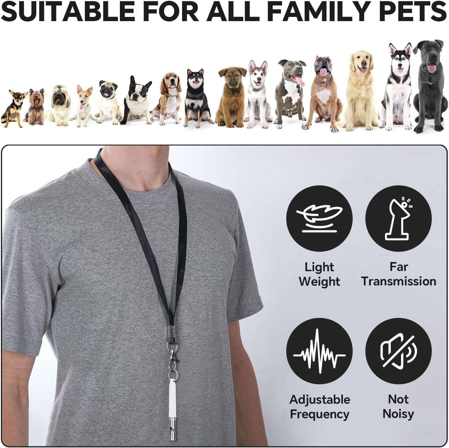 Dog Whistle, Dog Training Whistle with Lanyard, 2 Pcs Adjustable Ultrasonic Silent Dog Recall Whistles, Professional Dog Whistle to Stop Barking Neighbors Dog (White)